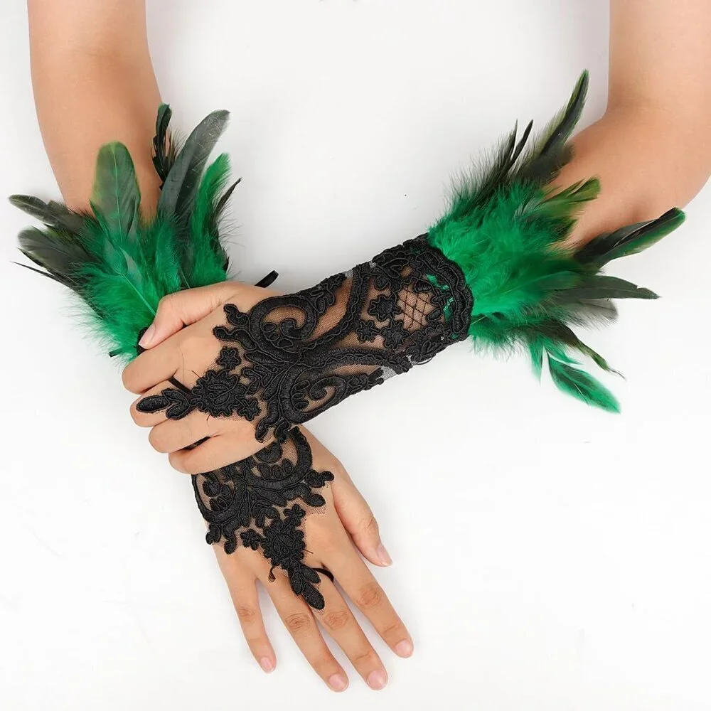 2 Pcs Gothic Black Lace Feather Long Gloves for Women Halloween Costume